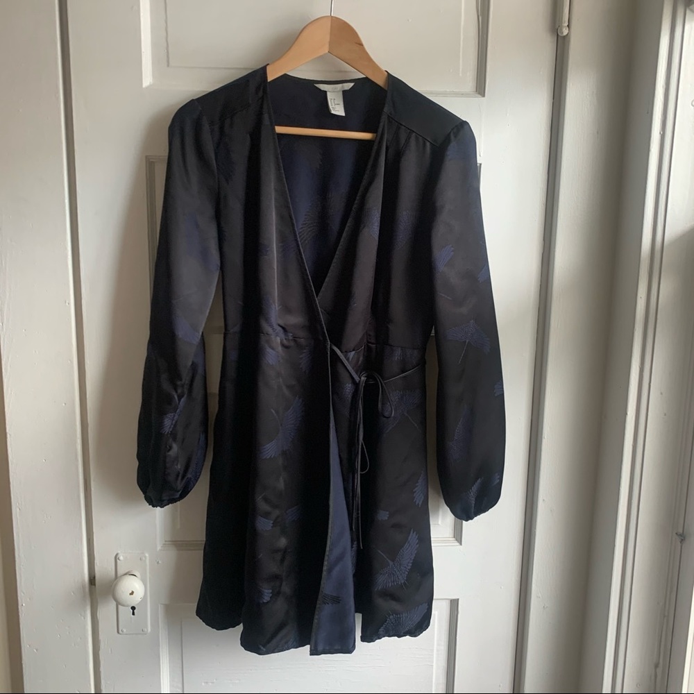 Black & Navy Crane Wrap Dress